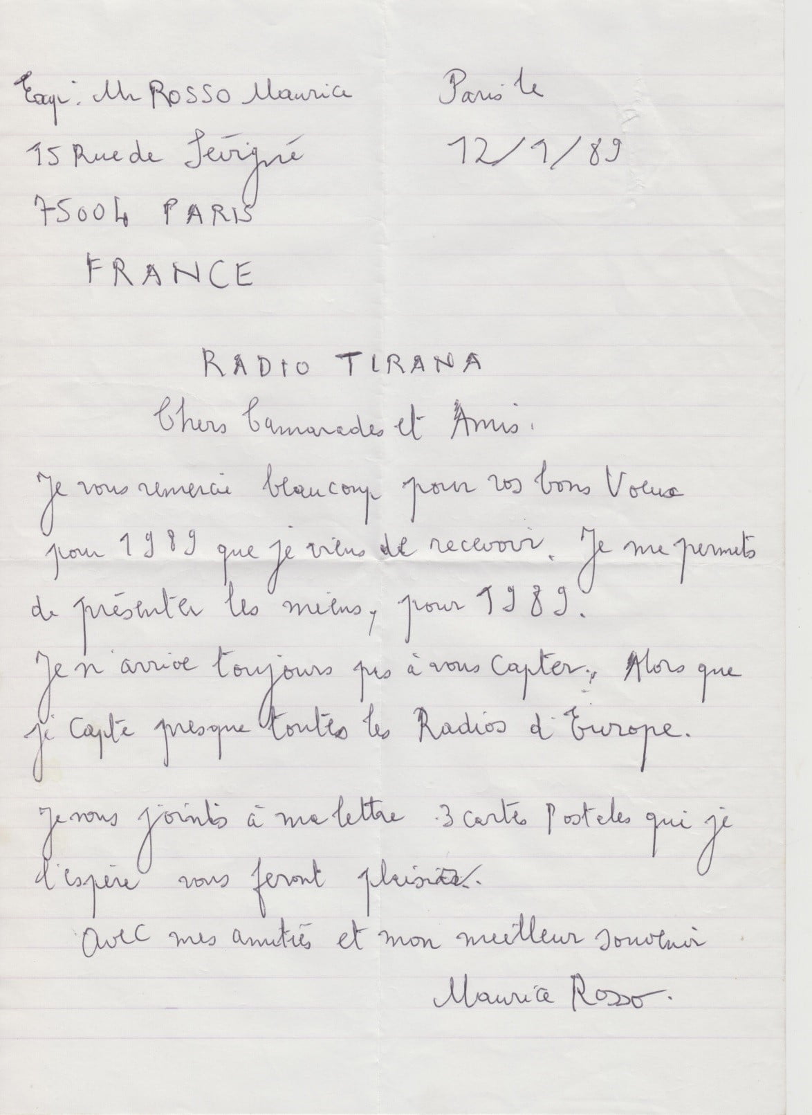 Lettera 2 – 12 settembre 1989 – Maurice scrive da Parigi a Radio Tirana